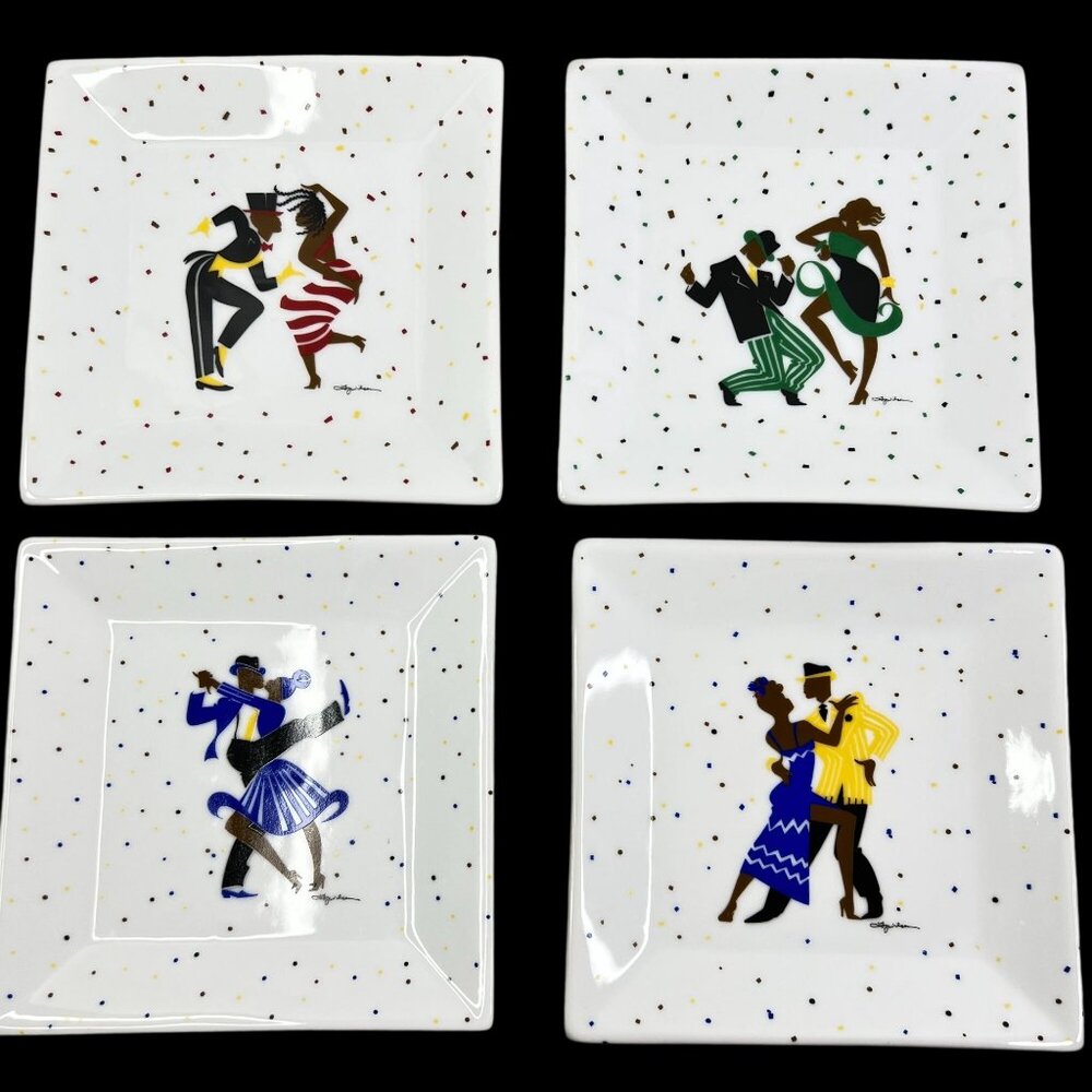Ty Wilson 4 Luncheon Salad Plates African American Jazz Dancers 7" Square